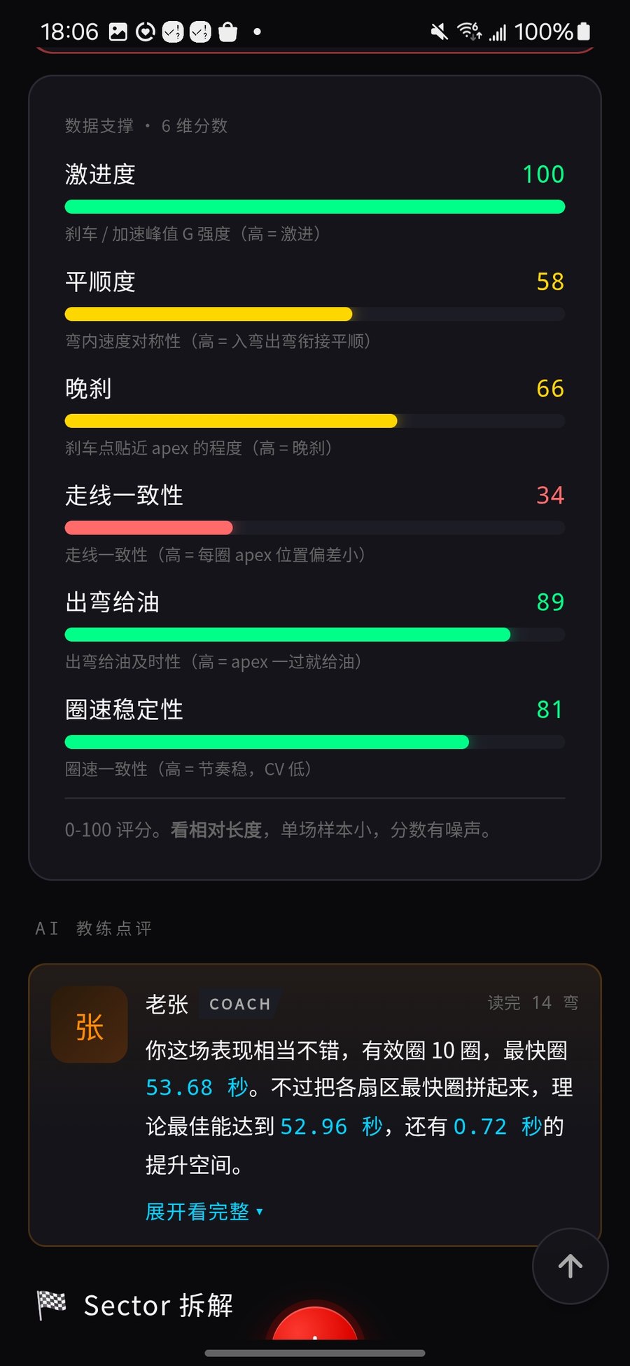 圈速本 App 真实截图:6 维评分卡 + AI 教练 COACH 卡