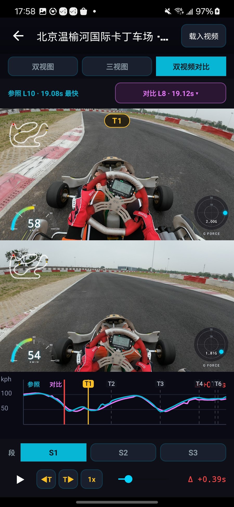 圈速本 App 双视频对比:同一弯 best lap vs 当前 lap 上下并排