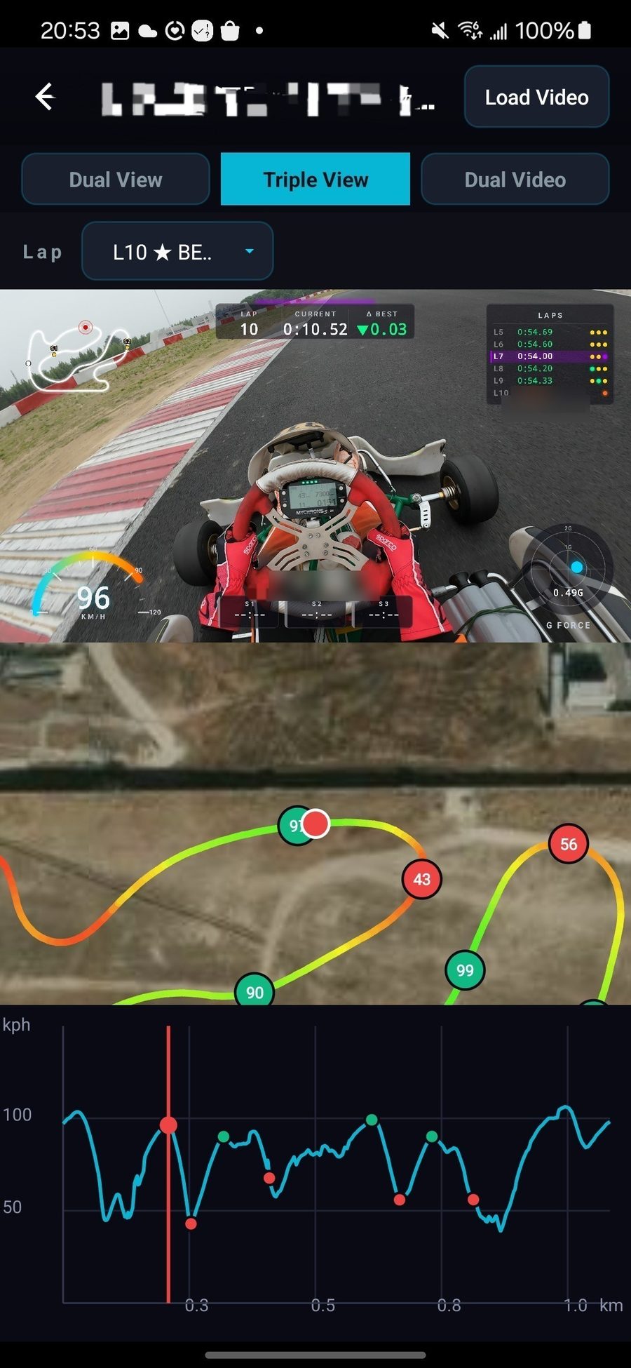 Race Log three-view replay: video frame + racing line + speed trace playing together