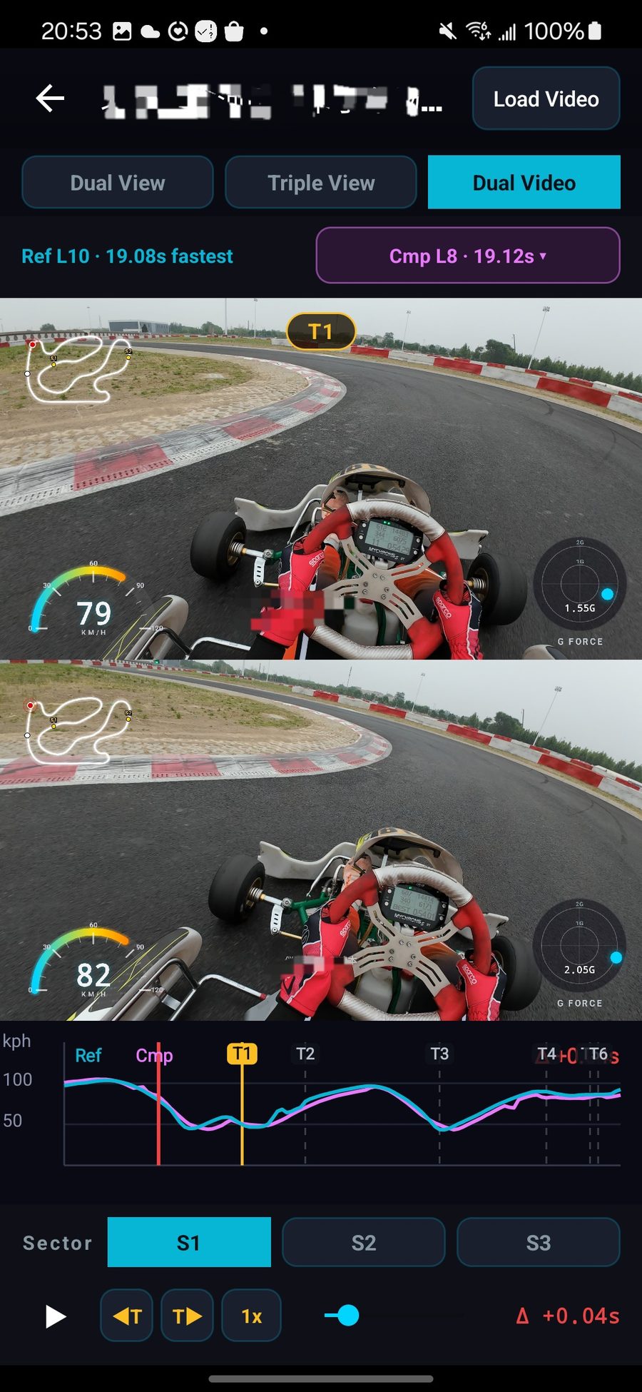 Race Log dual-video replay: same corner best lap vs current lap stacked