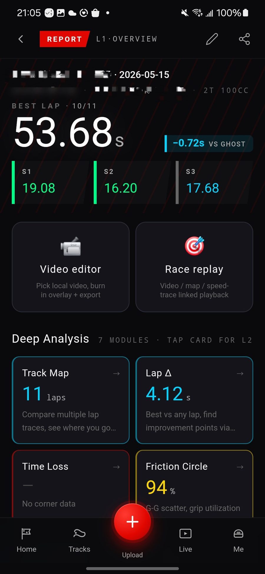 Race Log app post-session report: 53.68s best lap + ghost delta + module cards